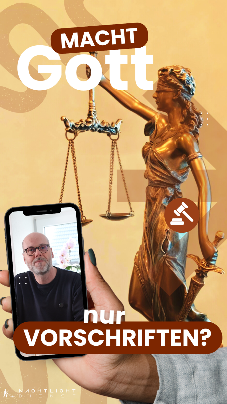Eine goldene Statue der Justitia, ein Mensch mit Telefon, Text: "Macht Gott nur Vorschriften?"