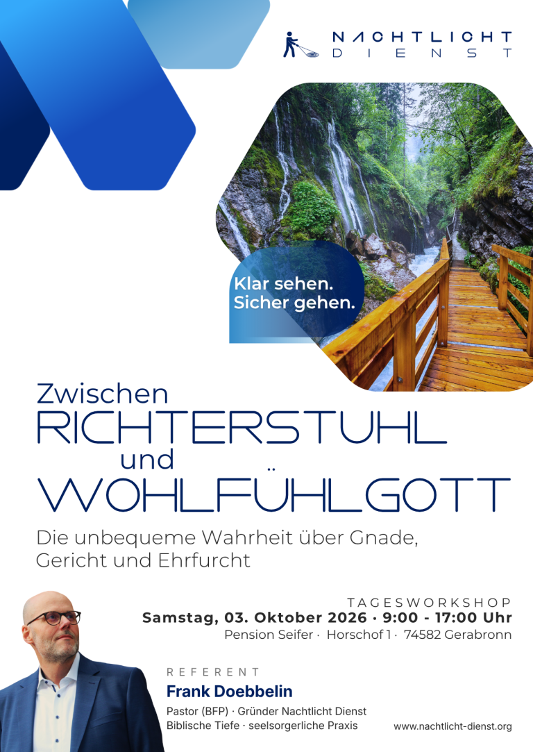 Workshop-Poster: "Zwischen Richterstuhl und Wohlfühlgott" Blaue Grafik auf weiße Hintergrund. In einem Hexagon: ein Weg durch eine Schlucht. Darüber Sprechblase: "Klar sehen. Sicher gehen."
