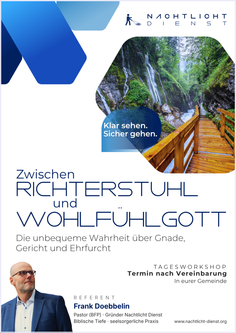 Workshop-Poster "Zwischen Richterstuhl und Wohlfühlgott" Blaue Grafik auf weiße Hintergrund. In einem Hexagon: ein Weg durch eine Schlucht. Darüber Sprechblase: "Klar sehen. Sicher gehen."