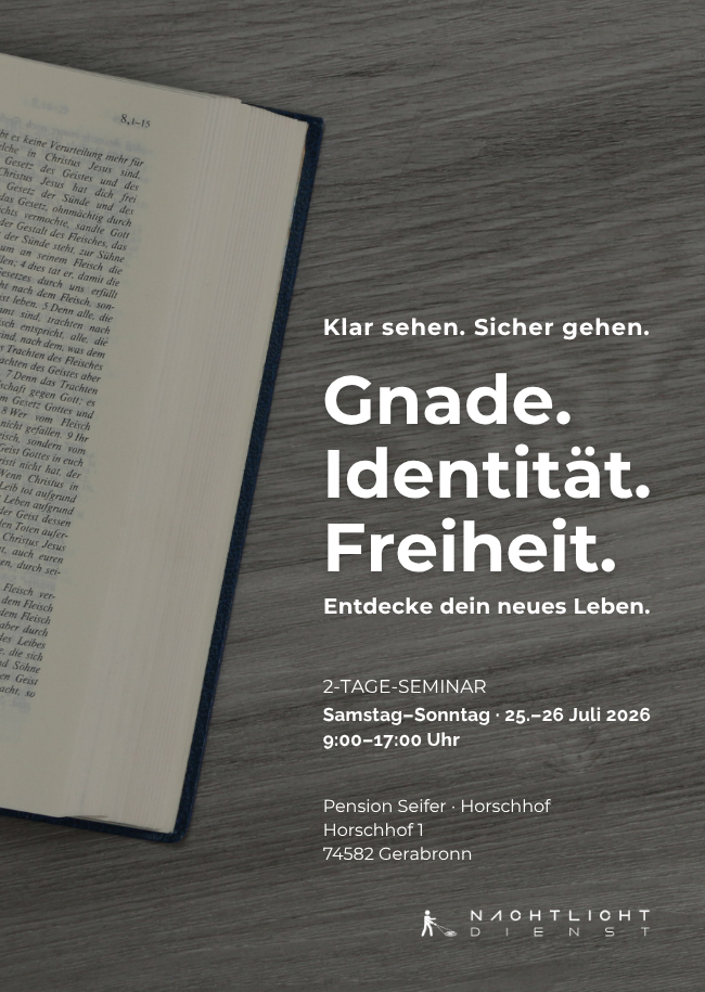 Bild des Flyers Ein offenes Buch mit dem Text: "Gnade. Identität. Freiheit. Entdecke dein neues Leben."
