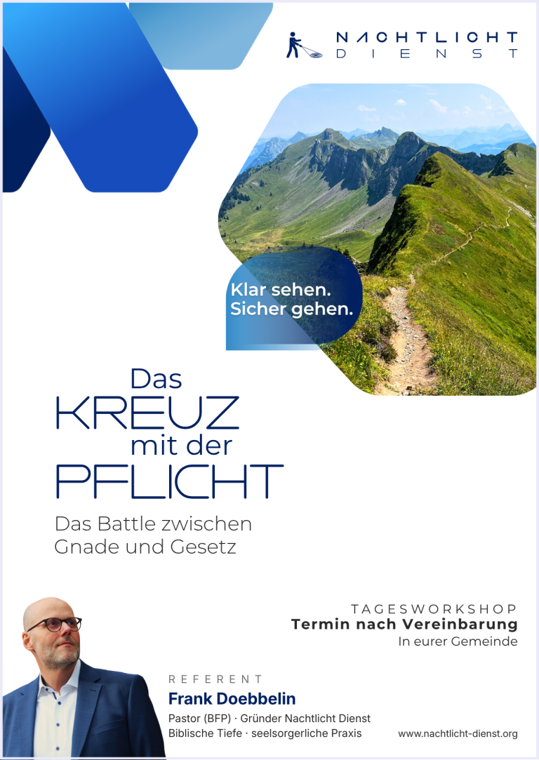 Workshop-Poster "Das Kreuz mit der Pflicht" Weißer Hintergrund mit blauer Grafik. Bild in einem Hexagon: zeigt Pfad auf einem Bergkamm. Darüber Sprechblase: Klar sehen. Sicher gehen."