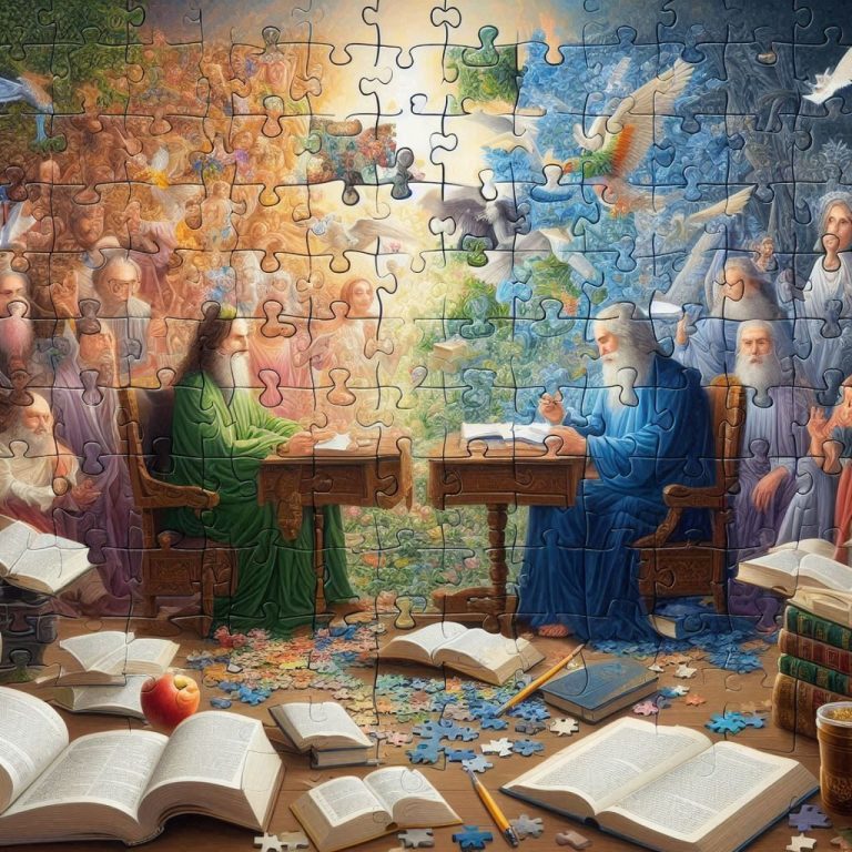 Ein farbenfrohes Puzzle, das Gelehrte beim Austausch mit vielen Büchern in einer kreativen Szene darstellt.